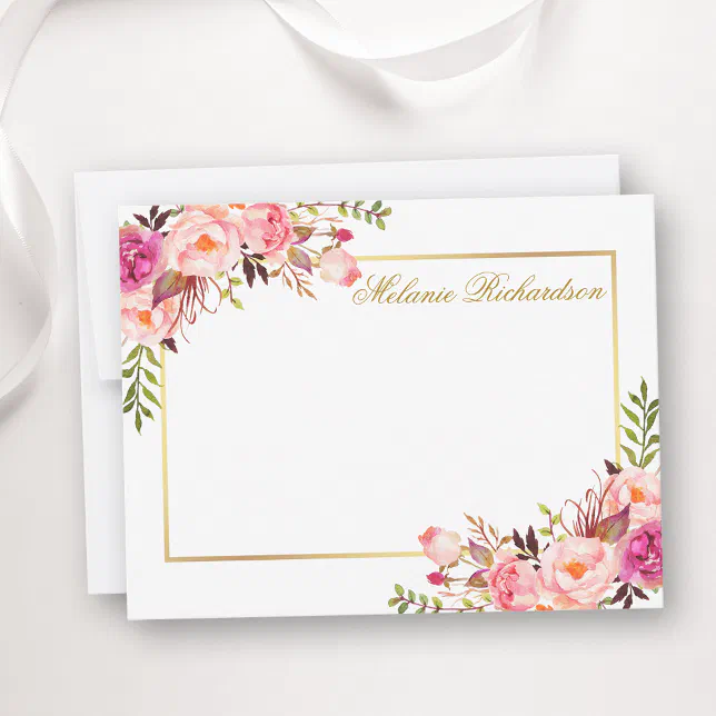 Watercolor Pink Floral Gold Frame Personalized Note Card | Zazzle