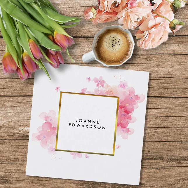 Watercolor pink floral gold frame professional square business card ...