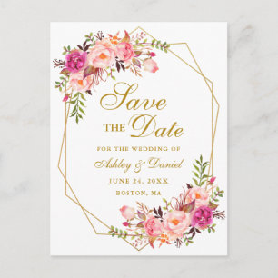Watercolor Pink Floral Gold Frame Save the Date Announcement Postcard