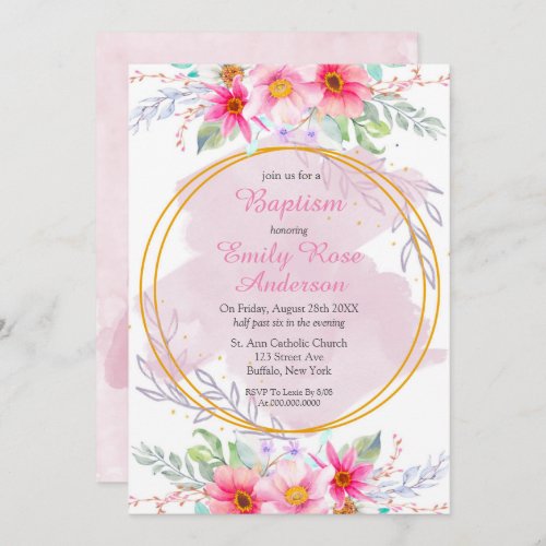 Watercolor Pink Floral Gold Geometric Baptism  Invitation