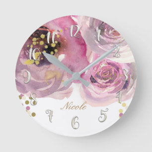 Watercolor Pink Floral & Gold Modern Personalized Round Clock