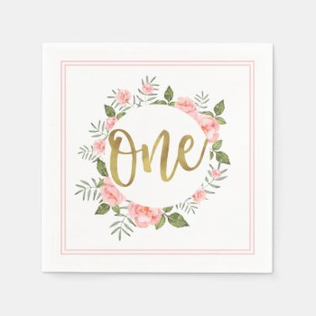 Watercolor Pink Floral Gold One First Birthday Napkins by Orabella at Zazzle