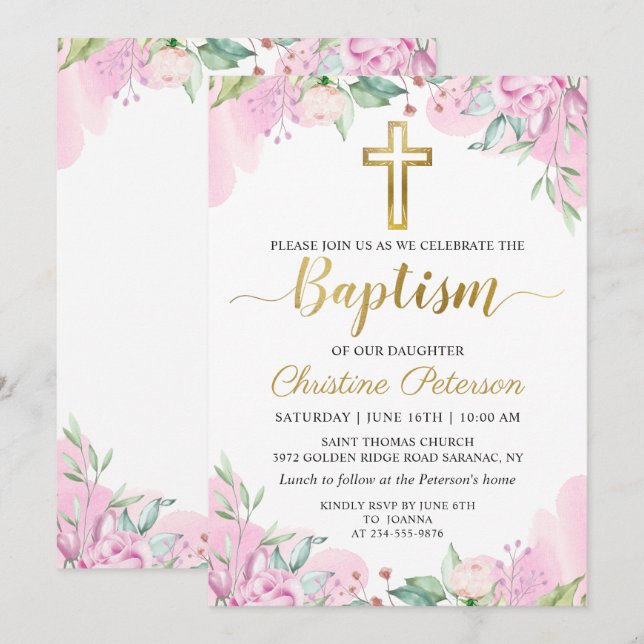 Watercolor Pink Floral Gold Script Girl Baptism Invitation (Front/Back)