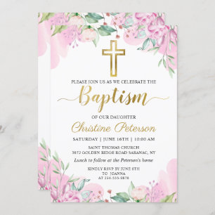 Watercolor Pink Floral Gold Script Girl Baptism Invitation