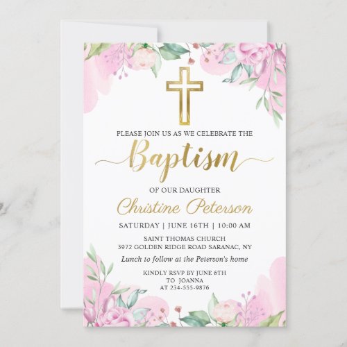 Watercolor Pink Floral Gold Script Girl Baptism Invitation