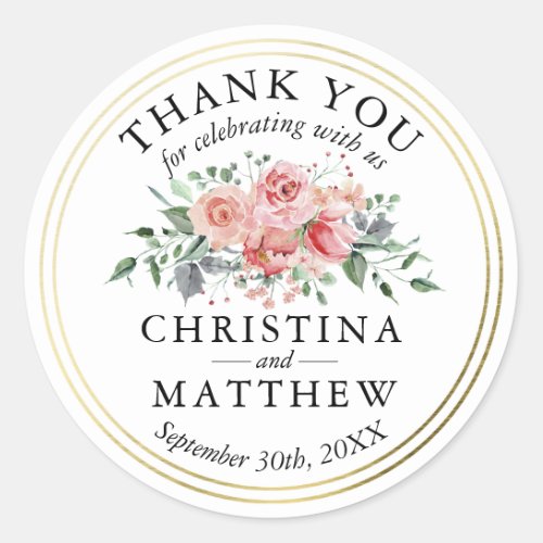 Watercolor Pink Floral Gold Wedding Thank You Classic Round Sticker