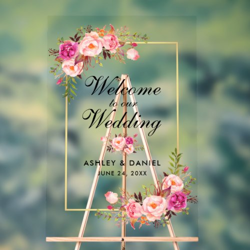 Watercolor Pink Floral Gold Wedding Welcome Acrylic Sign