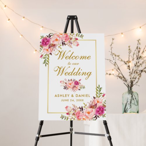 Watercolor Pink Floral Gold Wedding Welcome Foam Board