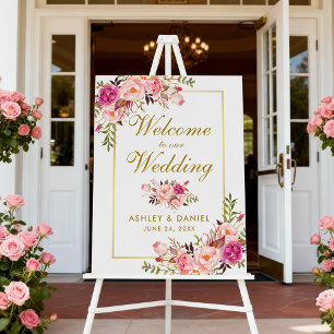 Watercolor Pink Floral Gold Wedding Welcome Foam Board