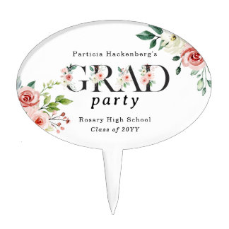 Watercolor Pink Floral GRAD Letters Party  Cake Topper