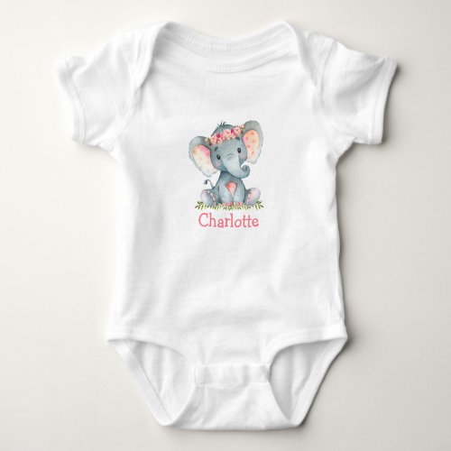 Watercolor Pink Floral Greenery Baby Elephant Baby Bodysuit