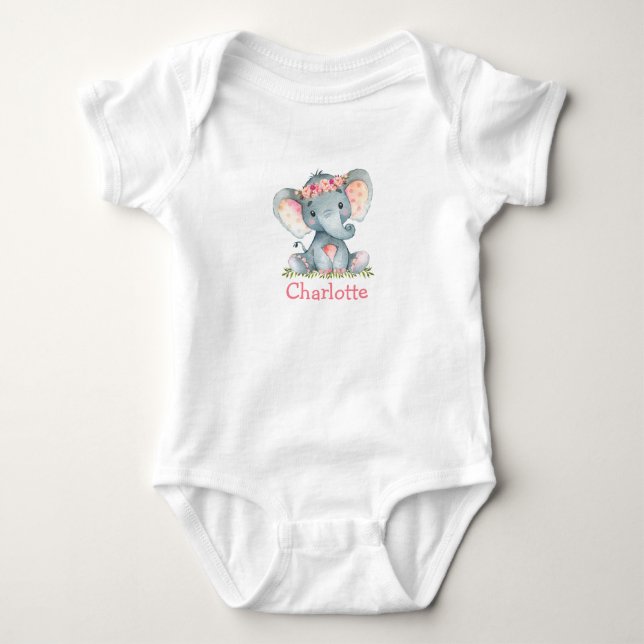Watercolor Pink Floral Greenery Baby Elephant Baby Bodysuit (Front)
