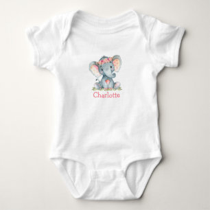 Watercolor Pink Floral Greenery Baby Elephant Bodysuit
