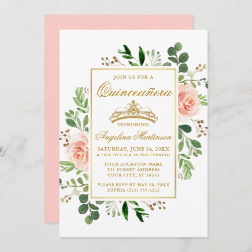 Watercolor Pink Floral Greenery Gold Quinceanera Invitation