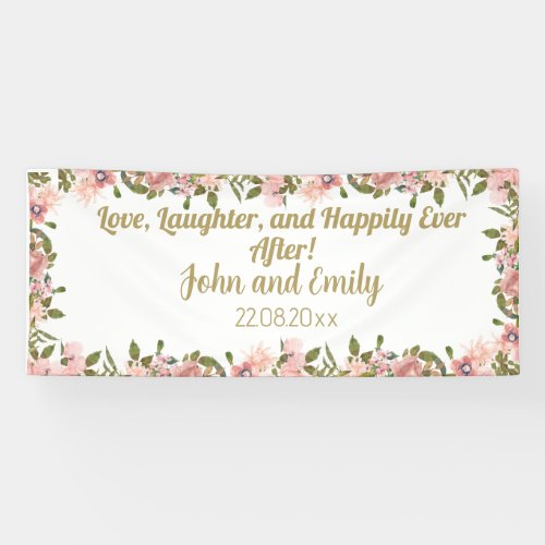 Watercolor pink floral Greenery  gold wedding Banner