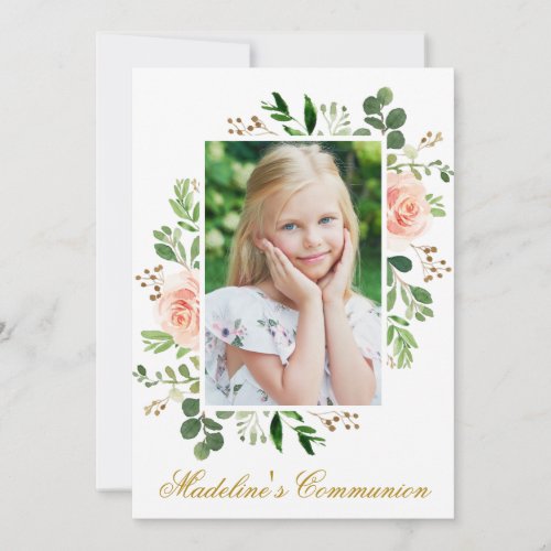 Watercolor Pink Floral Greenery Photo Communion Invitation