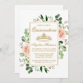 Watercolor Pink Floral Greenery Quinceanera Gold Invitation (Front/Back)