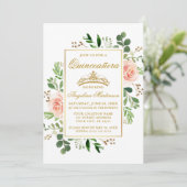 Watercolor Pink Floral Greenery Quinceanera Gold Invitation (Standing Front)