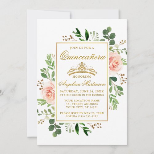 Watercolor Pink Floral Greenery Quinceanera Gold Invitation