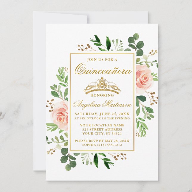 Watercolor Pink Floral Greenery Quinceanera Gold Invitation (Front)