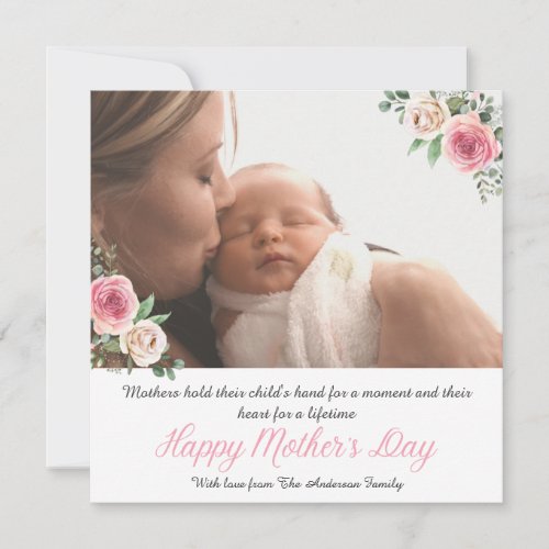 Watercolor Pink Floral Happy Mothers Day 1 Photo Holiday Card