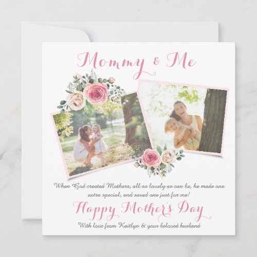 Watercolor Pink Floral Happy Mothers Day 2 Photo Holiday Card