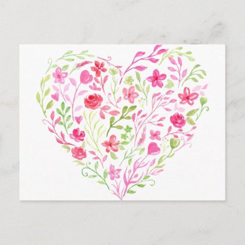 Watercolor pink floral heart postcard