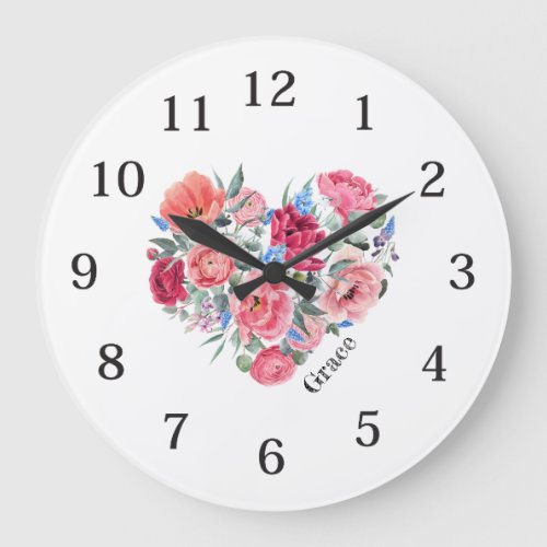 Watercolor Pink Floral Heart Shape With Flowers  Large Clock