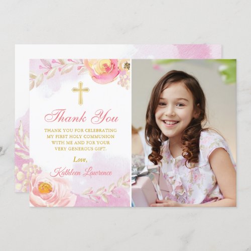 Watercolor Pink Floral Holy Communion Thank You Invitation