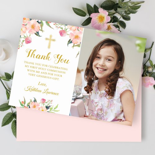 Watercolor Pink Floral Holy Communion Thank You Invitation