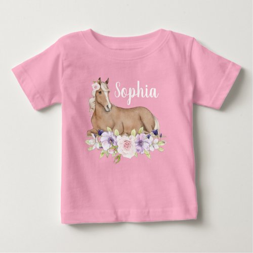 Watercolor Pink Floral Horse Birthday Baby T_Shirt
