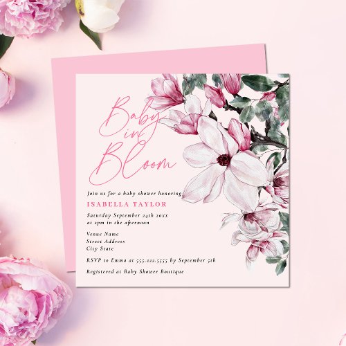 Watercolor Pink Floral in Bloom Baby Shower Invitation