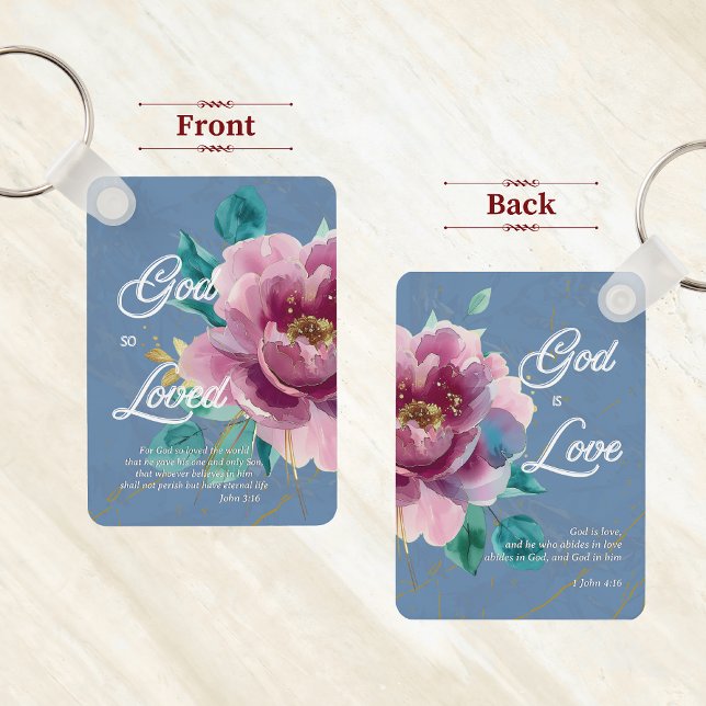Watercolor Pink Floral John 3 16 Christian Keychain (Creator Uploaded)
