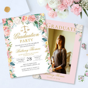 Watercolor Pink Floral Law School Graduation Photo Invitation