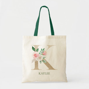 Watercolor Pink Floral Letter K Monogram Tote Bag