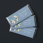 Watercolor Pink Floral Love is Sweet Dusty Blue Hershey Bar Favors<br><div class="desc">Modern Elegant Watercolor Pink Blush White Floral Wreath Love Is Sweet Chocolate Bar Wedding Favors. Includes pink roses,  white flowers and botanical greenery. Bride and Groom Initials,  Names & Date. Dusty Blue Background.</div>