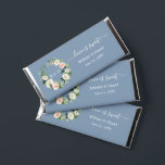 Watercolor Pink Floral Love is Sweet Dusty Blue Hershey Bar Favors<br><div class="desc">Modern Elegant Watercolor Pink Blush White Floral Wreath Love Is Sweet Chocolate Bar Wedding Favors. Includes pink roses,  white flowers and botanical greenery. Bride and Groom Initials,  Names & Date. Dusty Blue Background.</div>