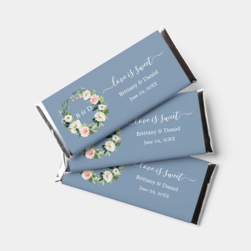Watercolor Pink Floral Love is Sweet Dusty Blue Hershey Bar Favors