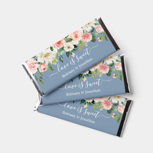 Watercolor Pink Floral Love is Sweet Dusty Blue Hershey Bar Favors