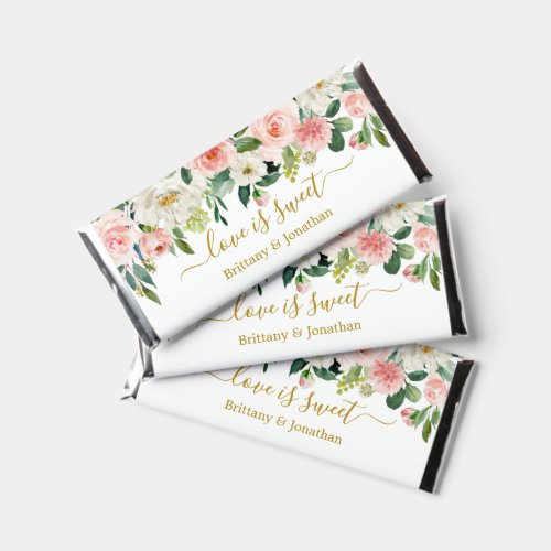 Watercolor Pink Floral Love is Sweet Gold Wedding Hershey Bar Favors