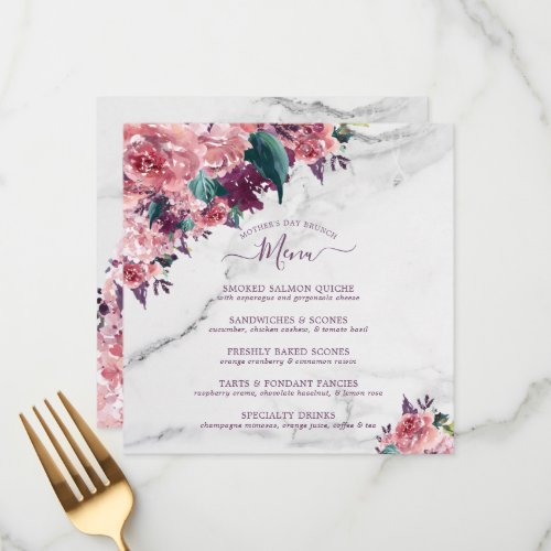 Watercolor Pink Floral Marble Mothers Day Brunch  Menu