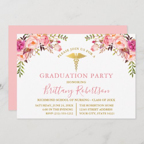 Watercolor Pink Floral Medical Graduation Party Invitation