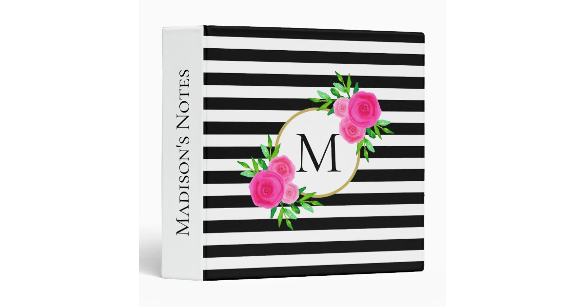 Watercolor Pink Floral Monogram Black White Stripe 3 Ring Binder | Zazzle
