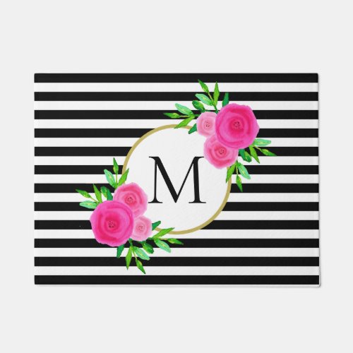 Watercolor Pink Floral Monogram Black White Stripe Doormat