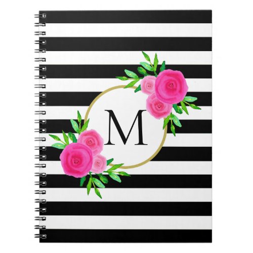 Watercolor Pink Floral Monogram Black White Stripe Notebook