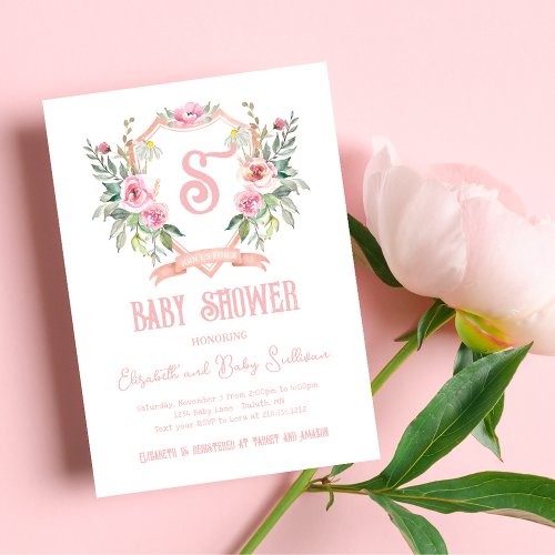 Watercolor Pink Floral Monogram Crest Baby Shower Invitation