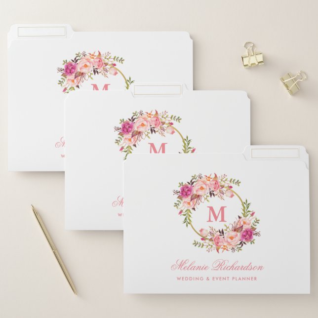 Watercolor Pink Floral Monogram File Folder (Set)