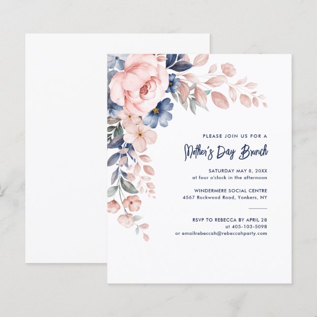 Watercolor Pink Floral Mother's Day Brunch Invites (Front/Back)