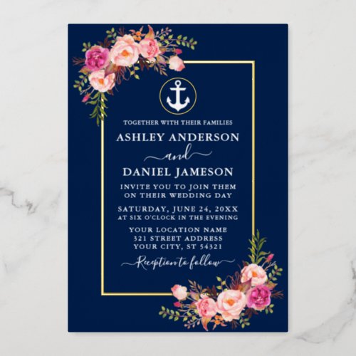 Watercolor Pink Floral Nautical Anchor Blue Gold Foil Invitation