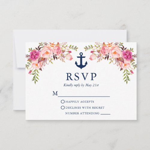 Watercolor Pink Floral Nautical Anchor Wedding RSVP Card